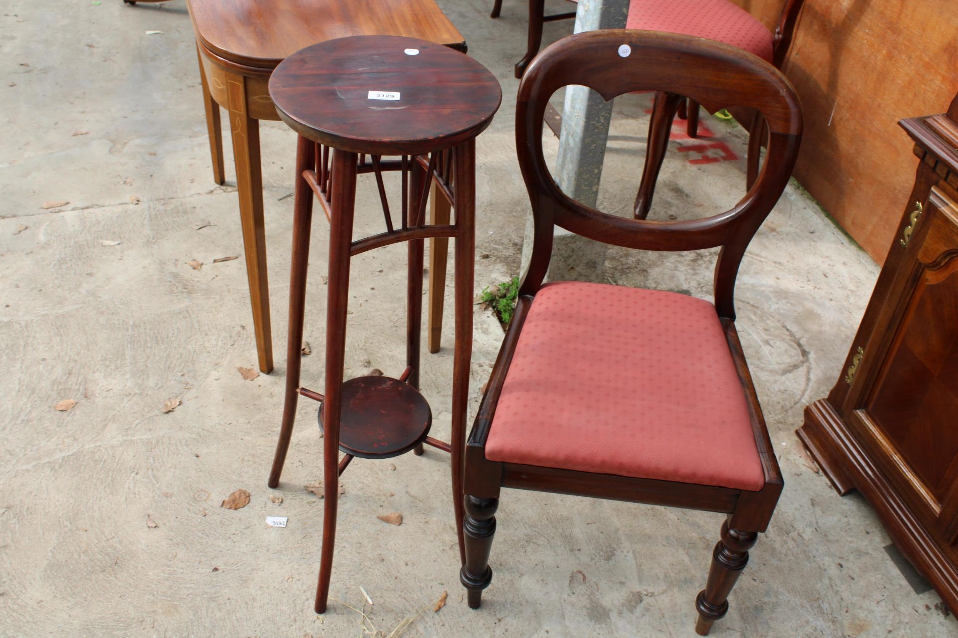 A VICTORIAN MAHOGANY DINING CHAIR AND A TWO TIER BENTWOOD STYLE JARDINIERE STAND