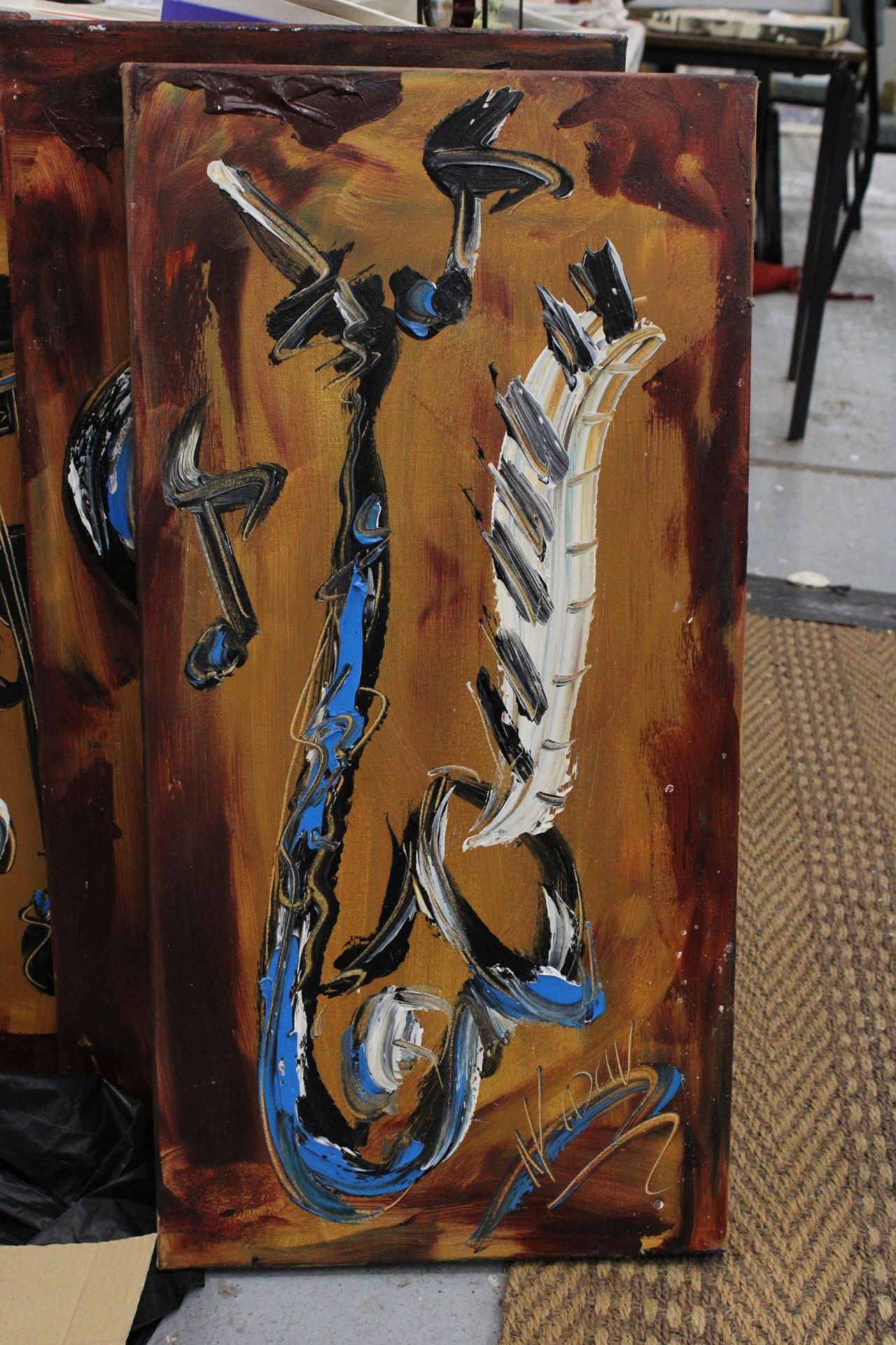 FOUR OIL ON CANVAS PAINTINGS OF MUSICAL INSTRUMENTS, SIGNED TO THE BACK - Image 2 of 2