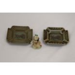 TWO VINTAGE WADE IRISH PORCELAIN ASHTRAYS/DISHES, PLUS A WADE FLUFFY THE CAT
