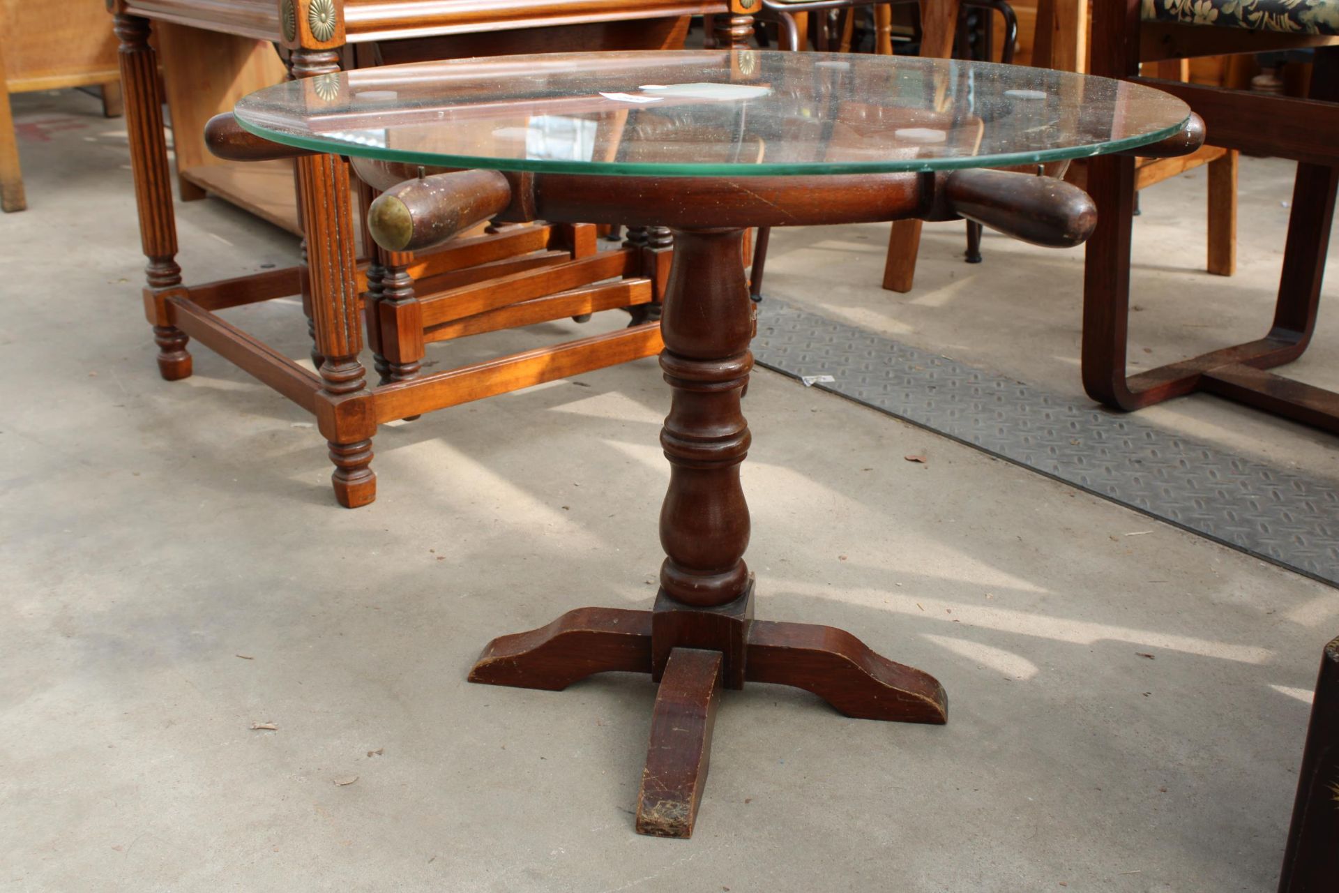 A COFFEE TABLE 24" DIAMETER THE BASE IN THE FORM OF A SHIPS WHEEL - Image 2 of 3