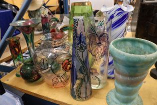 A LARGE MIXED LOT OF PAINTED ON GLASS VASES PLUS ONE DELCROFT WARE CERAMIC VASE