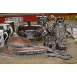 A QUANTITY OF SILVER PLATED ITEMS TO INCLUDE A MUFFIN DISH, TEAPOT AND HOT WATER JUG, SUGAR