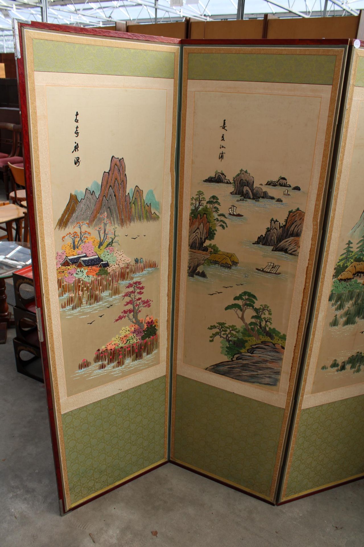 AN ORIENTAL SIX DIVISION SCREEN WITH TAPESTRY AND SILK MOUNTAIN SCENES EACH SECTION IS 60" X 18" - Image 2 of 8
