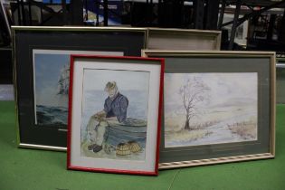 THREE FRAMED WATERCOLOURS TO INCLUDE A MAN MENDING FISHING NETS, A SEASCAPE, RIVER SCENE PLUS A