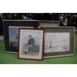THREE FRAMED WATERCOLOURS TO INCLUDE A MAN MENDING FISHING NETS, A SEASCAPE, RIVER SCENE PLUS A