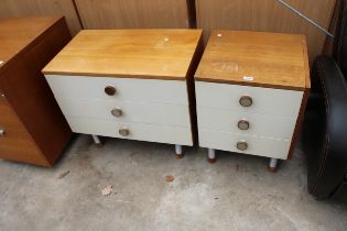 A 1970'S CHEST OF THREE DRAWERS AND A MATCHING BEDSIDE CHEST