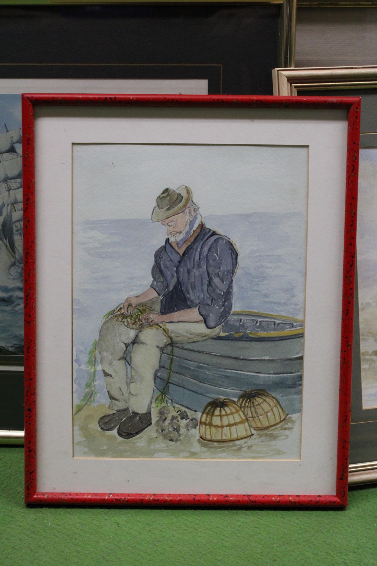 THREE FRAMED WATERCOLOURS TO INCLUDE A MAN MENDING FISHING NETS, A SEASCAPE, RIVER SCENE PLUS A - Image 2 of 5