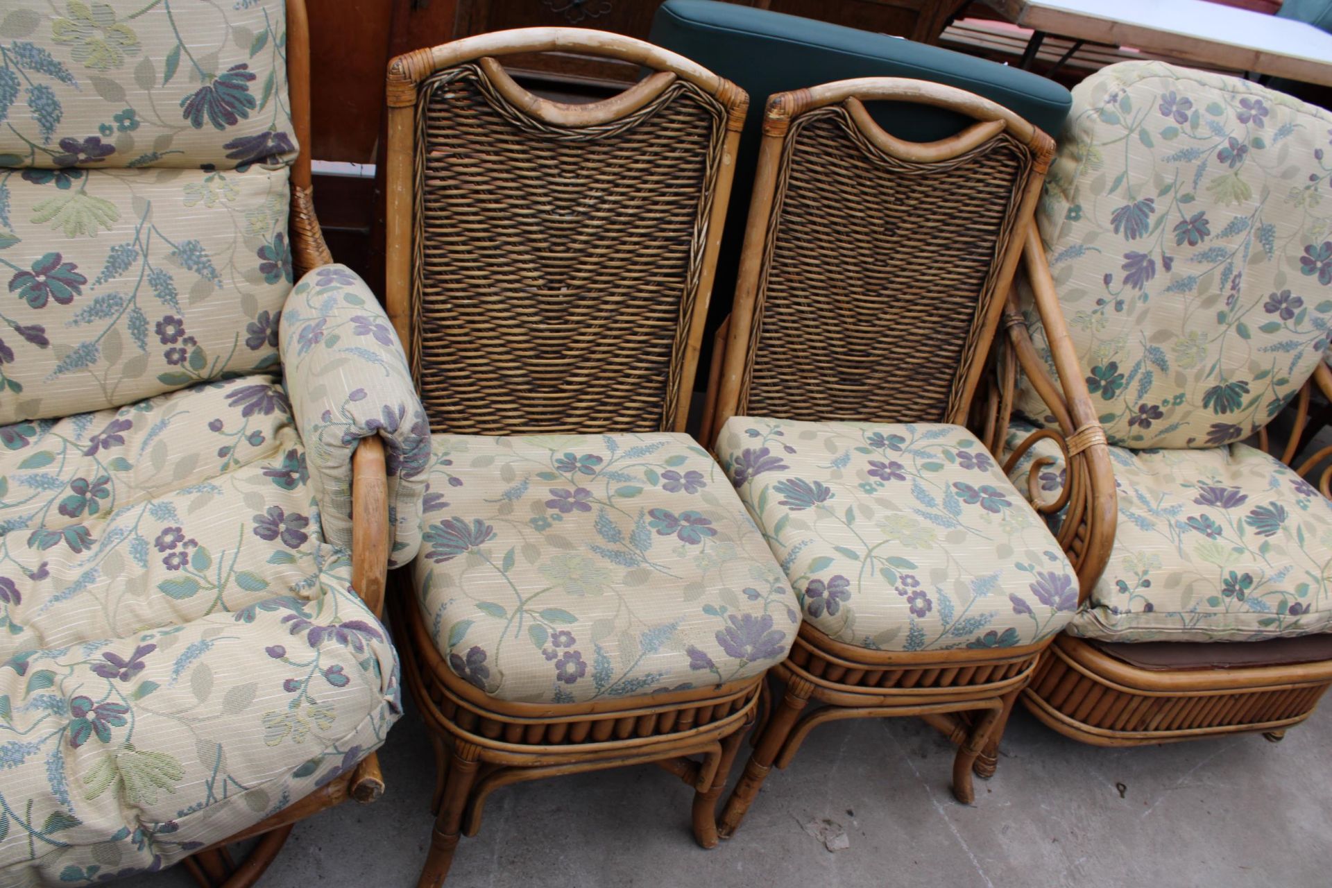 A WICKER AND BAMBOO SWIVEL CHAIR, EASY CHAIR AND A PAIR OF DINIGNG CHAIRS - Image 3 of 4