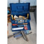 A PLASTIC TOOL BOX WITH AN ASSORTMENT OF TOOLS TO INCLUDE FILES AD A SHAVING PLANE ETC