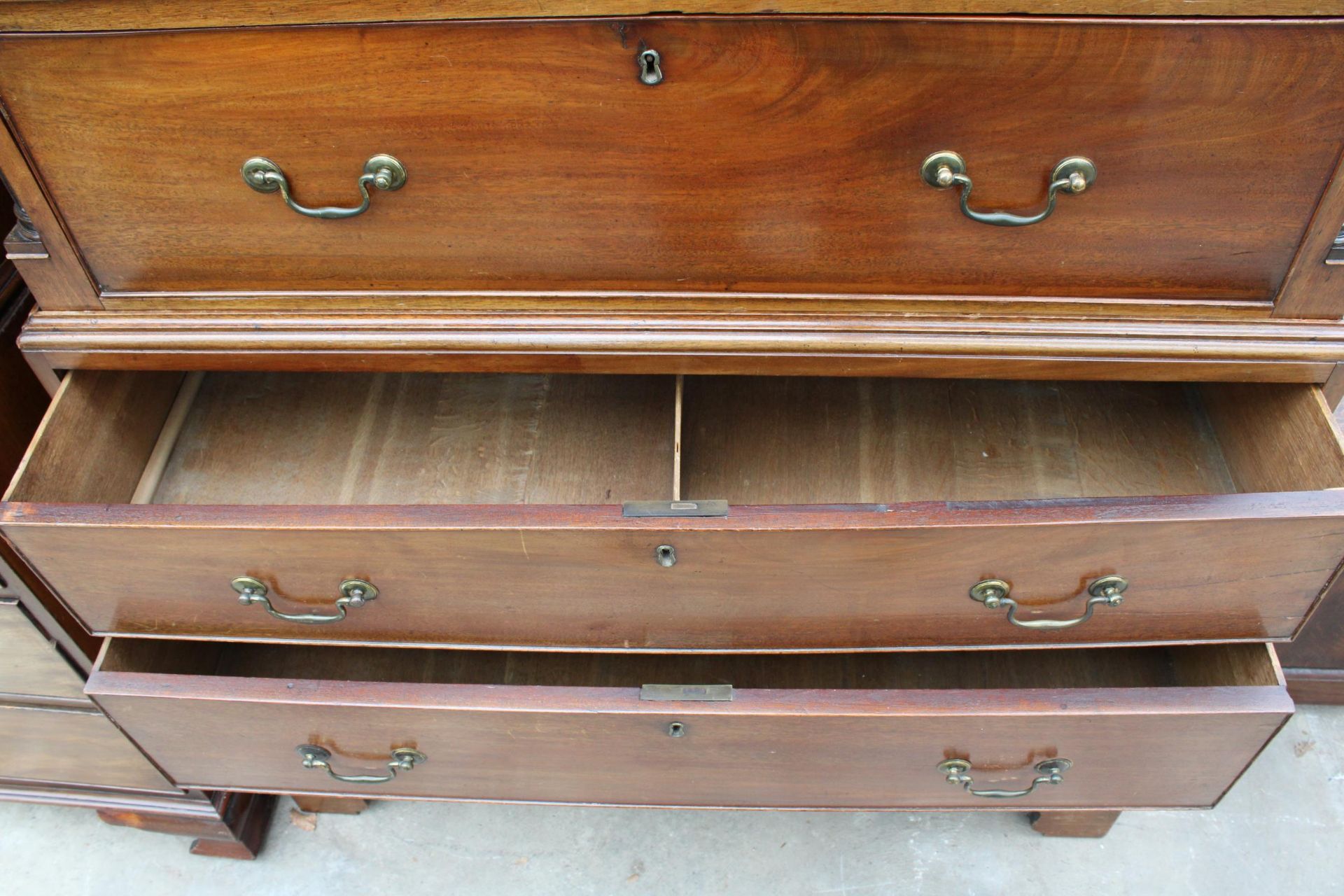 A 19TH CENTURY MAHOGANY AND INLAID CHEST ON CHEST WITH FOLD DOWN FLAP BEING TWO SHAM DRAWERS AND - Image 6 of 6