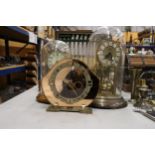 TWO VINTAGE ANNIVERSARY CLOCKS IN DOMES PLUS A MANTLE CLOCK