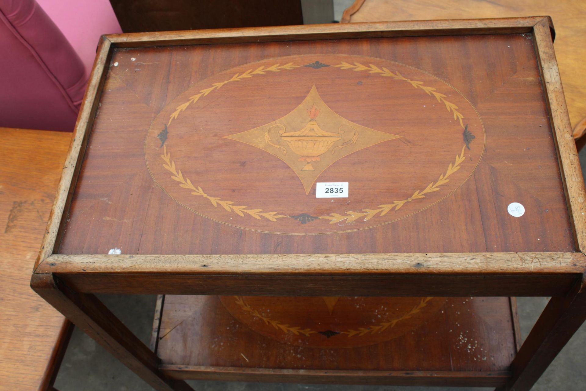 A MAHOGANY AND INLAID TWO TIER TROLLEY ON CASTERS - Image 2 of 3