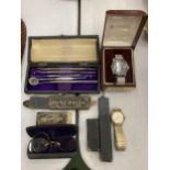 A MIXED LOT TO INCLUDE VINTAGE WATCHES, A DENTISTS SET, CUT THROAT RAZORS AND VINTAGE SPECTACLES