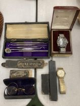 A MIXED LOT TO INCLUDE VINTAGE WATCHES, A DENTISTS SET, CUT THROAT RAZORS AND VINTAGE SPECTACLES