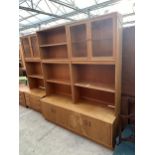 A G PLAN RETRO TEAK UNIT WITH TWO GLAZED UPPER DOORS AND DRAWERS TO BASE 64" WIDE