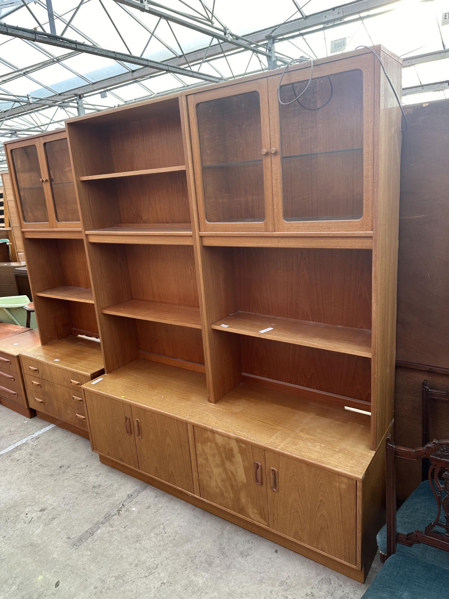 A G PLAN RETRO TEAK UNIT WITH TWO GLAZED UPPER DOORS AND DRAWERS TO BASE 64" WIDE