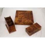 A THUYA WOODEN BOX WITH FOUR COMPARTMENTS TOGETHER WITH A WOODEN DESK TIDY AND PUZZLE BOX
