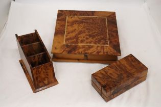 A THUYA WOODEN BOX WITH FOUR COMPARTMENTS TOGETHER WITH A WOODEN DESK TIDY AND PUZZLE BOX