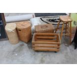 A TALL PINE STOOL, WICKER BASKETS AND A WOODEN BOX ETC