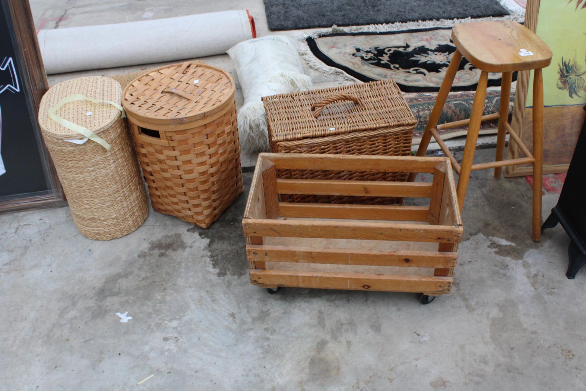 A TALL PINE STOOL, WICKER BASKETS AND A WOODEN BOX ETC