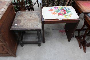 A SMALL OAK OCCASIONAL TABLE AND A MAHOGANY STOOL