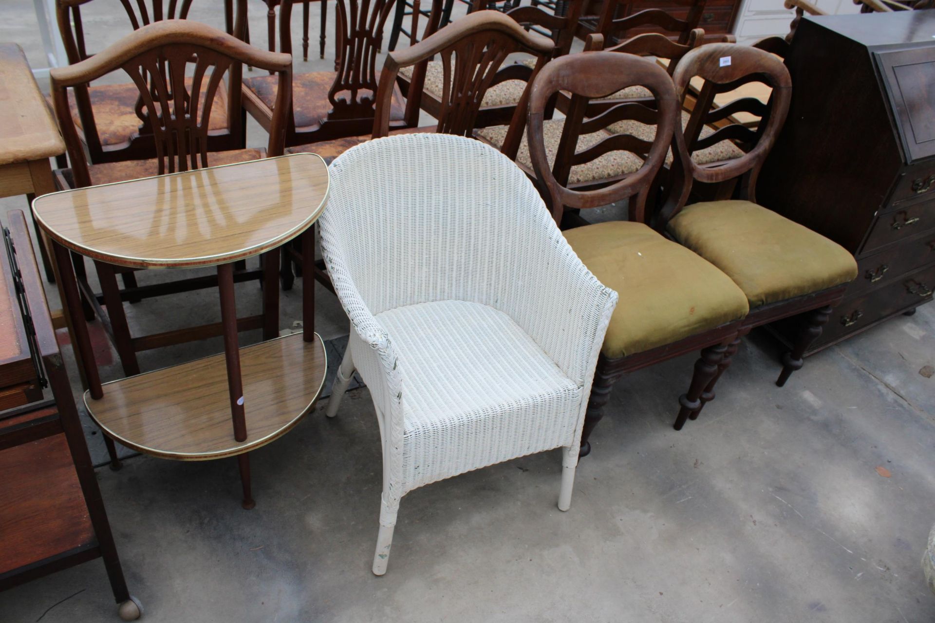 A PAIR OF VICTORIAN MAHOGANY DINING CHAIRS, LLOYD LOOM BEDROOM CHAIR AND A DEMI LUNE HALL TABLE