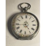 A MARKED 800 SILVER DECORATIVE LADIES POCKET WATCH WITH INLAID WHITE ENAMEL FACE (A/F) AND ROMAN