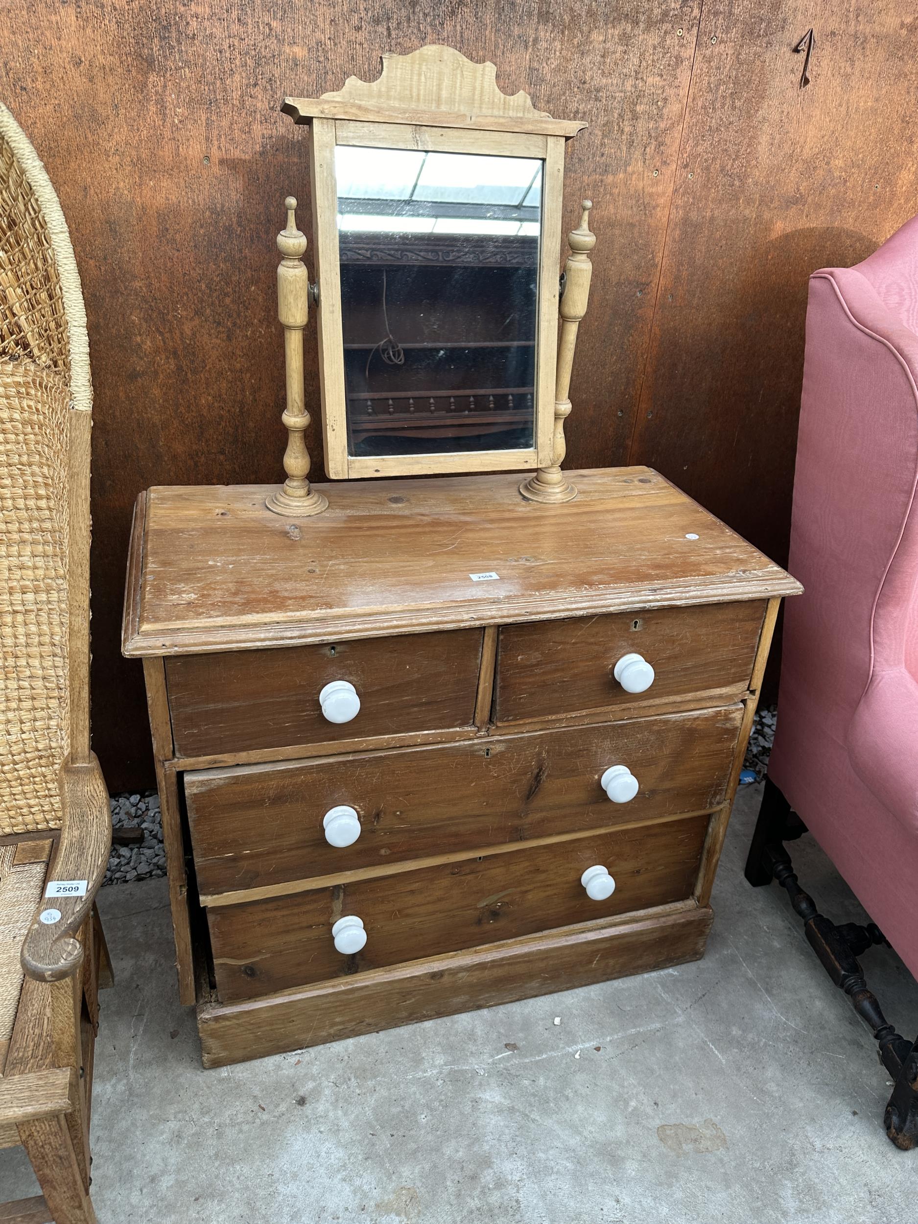 A VICTORIAN PINE DRESSING CHEST OF TWO SHORT AND TWO LONG DRAWERS, 36" WIDE