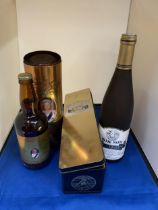 TWO BOTTLES TO INCLUDE BLUE NUN GOLD WINE AND A GOLDEN JUBILEE ALE EACH WITH PRESENTATION TIN CASES