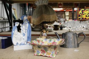 A VINTAGE GOEBEL FIGURINE TABLE LAMP, RYE POTTERY FIGURINE, ROYAL WINTON 'MARGUERITE'BOWL AND A
