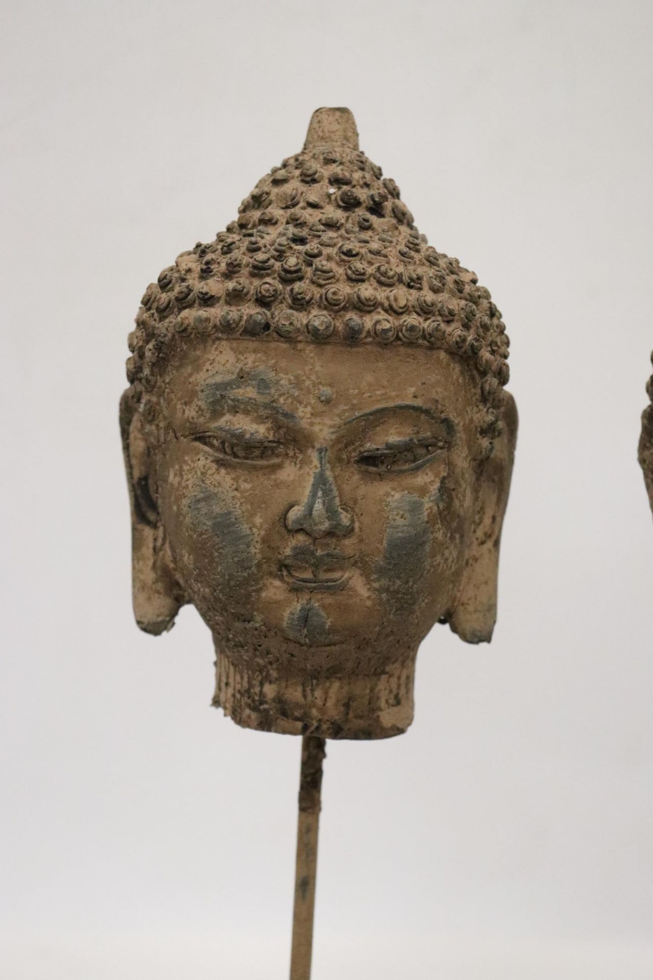 TWO BUDDAH HEADS ON STANDS - Image 2 of 5