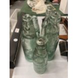 FIVE VINTAGE GLASS COD BOTTLES WITH MARBLE STOPPERS