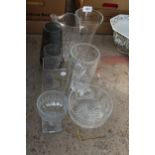 AN ASSORTMENT OF GLASS VASES, BOWLS AND JUGS ETC
