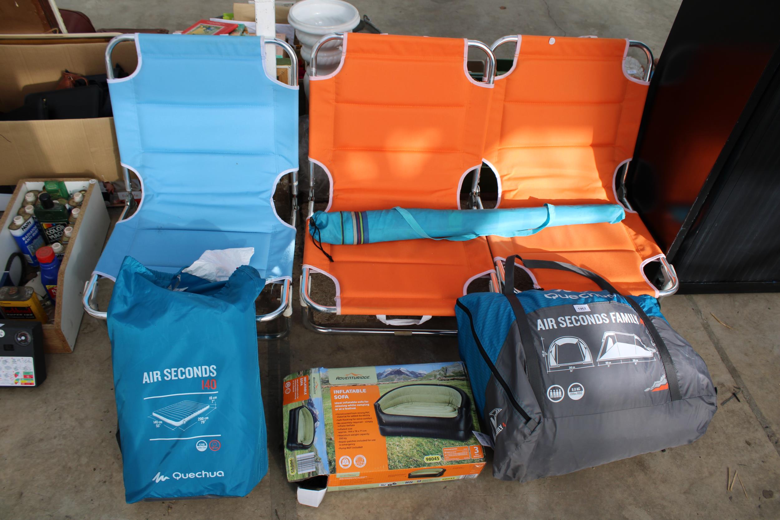 AN ASSORTMENT OF CAMPING ITEMS TO INCLUDE FOLDING CHAIRS, A TENT AND AN AIR BED ETC