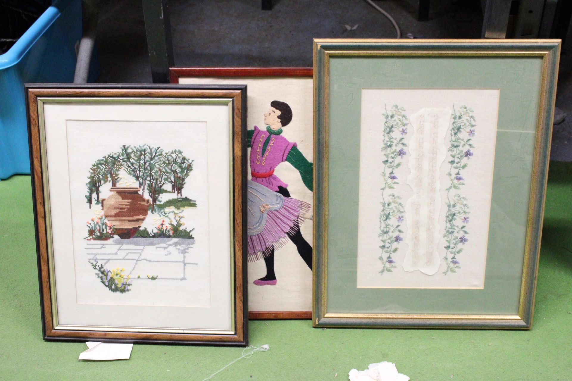 TWO FRAMED FELT PICTURES AND TWO EMBROIDERIES