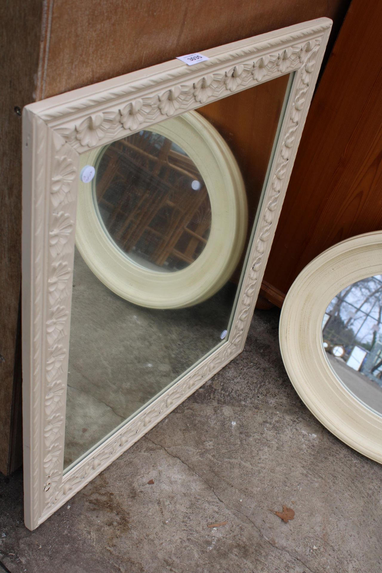 TWO WHITE WALL MIRRORS - ONE CIRCULAR 9172 DIAMETER AND ONE RECTANGULAR - 27" X 25" - Image 2 of 3
