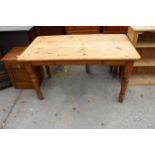 A VICTORIAN STYLE PINE KITCHEN TABLE ON TURNED LEGS, 54" X 29.5"