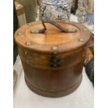 A VINTAGE STYLE ROUND WOODEN BOX WITH HANDLE