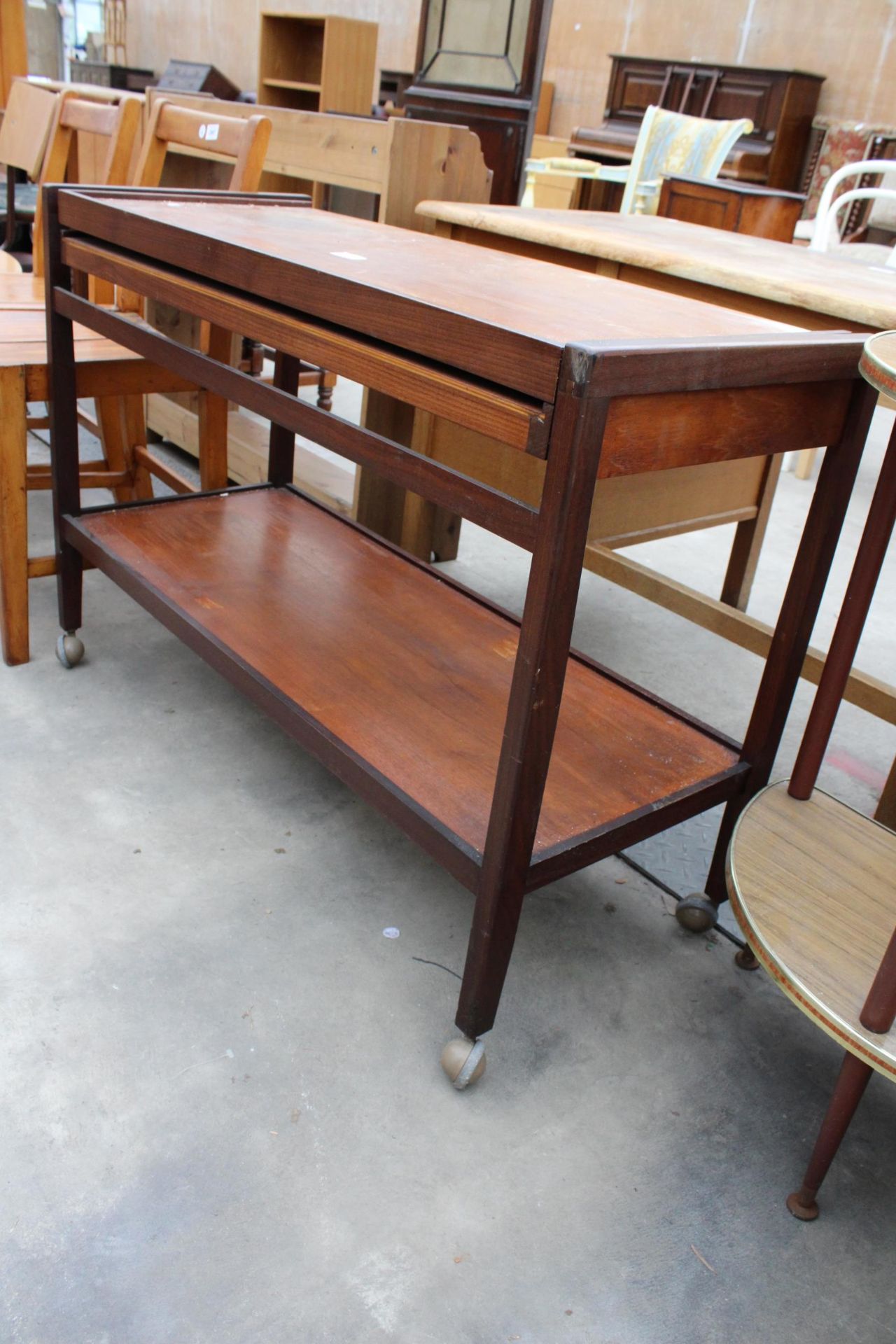 A RETRO TEAK FOLD OVER TROLLEY TABLE 39" WIDE - Image 2 of 2