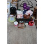 AN ASSORTMENT OF HOUSEHOLD ITEMS TO INCLUDE TINS AND CERAMICS ETC