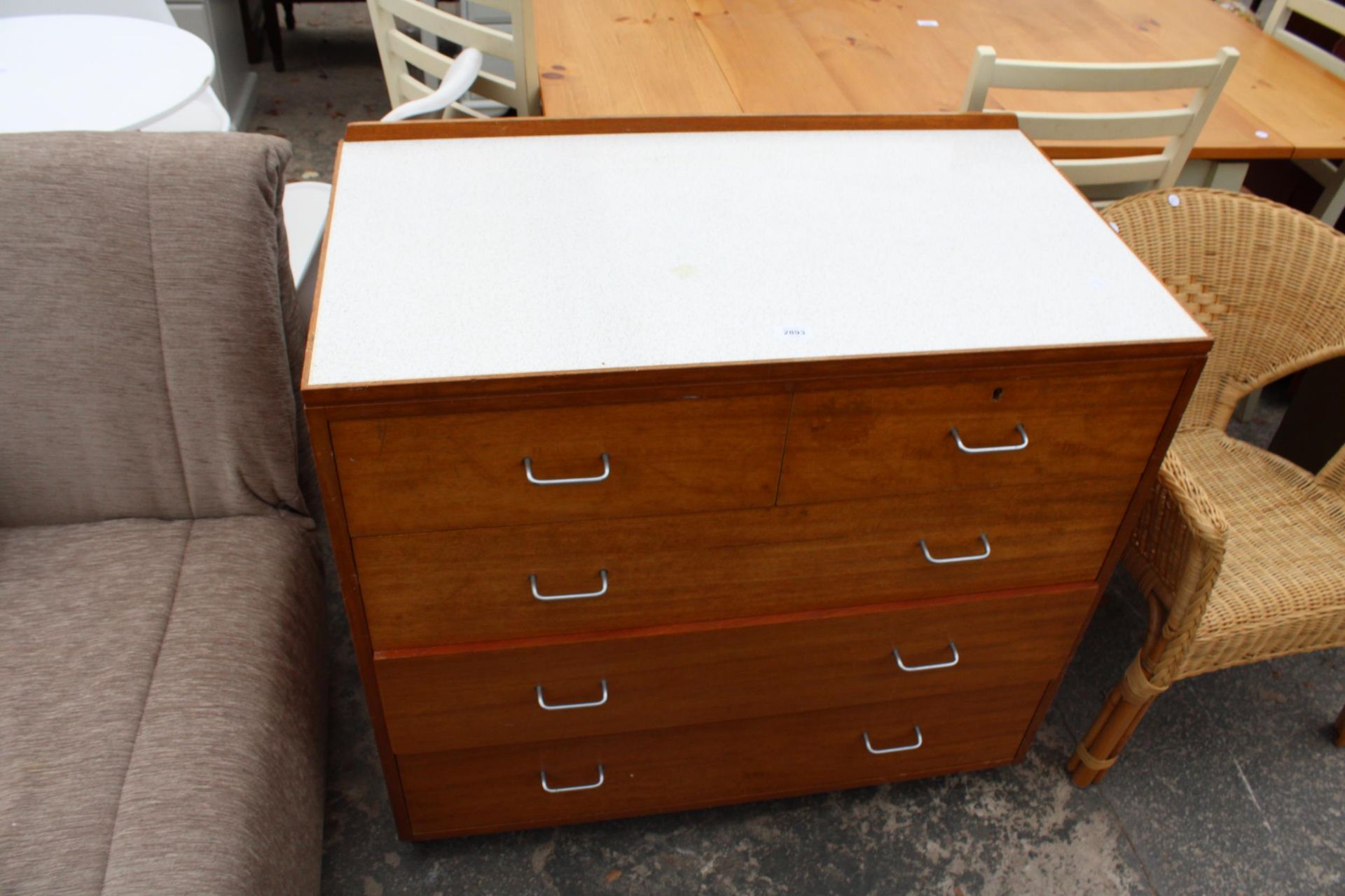 A 20TH CENTURY EX WD MAHOGANY CHEST OF TWO SHORT AND THREE DRAWERS WITH FORMICA TOP STAMPED PAPWORTH