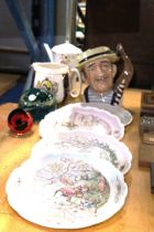 FOUR ROYAL DOULTON WIND IN THE WILLOWS' PLATES TOGETHER WITH PAPERWEIGHTS, TOBY JUG ETC.,