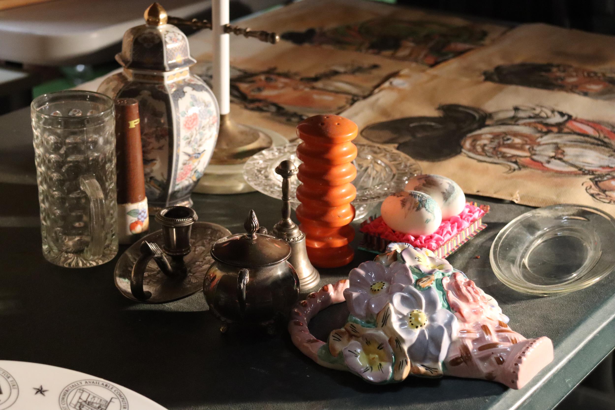 A DENBIGHWARE FLORAL WALL POCKET, ORIENTAL PAINTED EGGS, LIDDED JAR, SILVER PLATED CANDLESTICK, BELL - Image 13 of 14