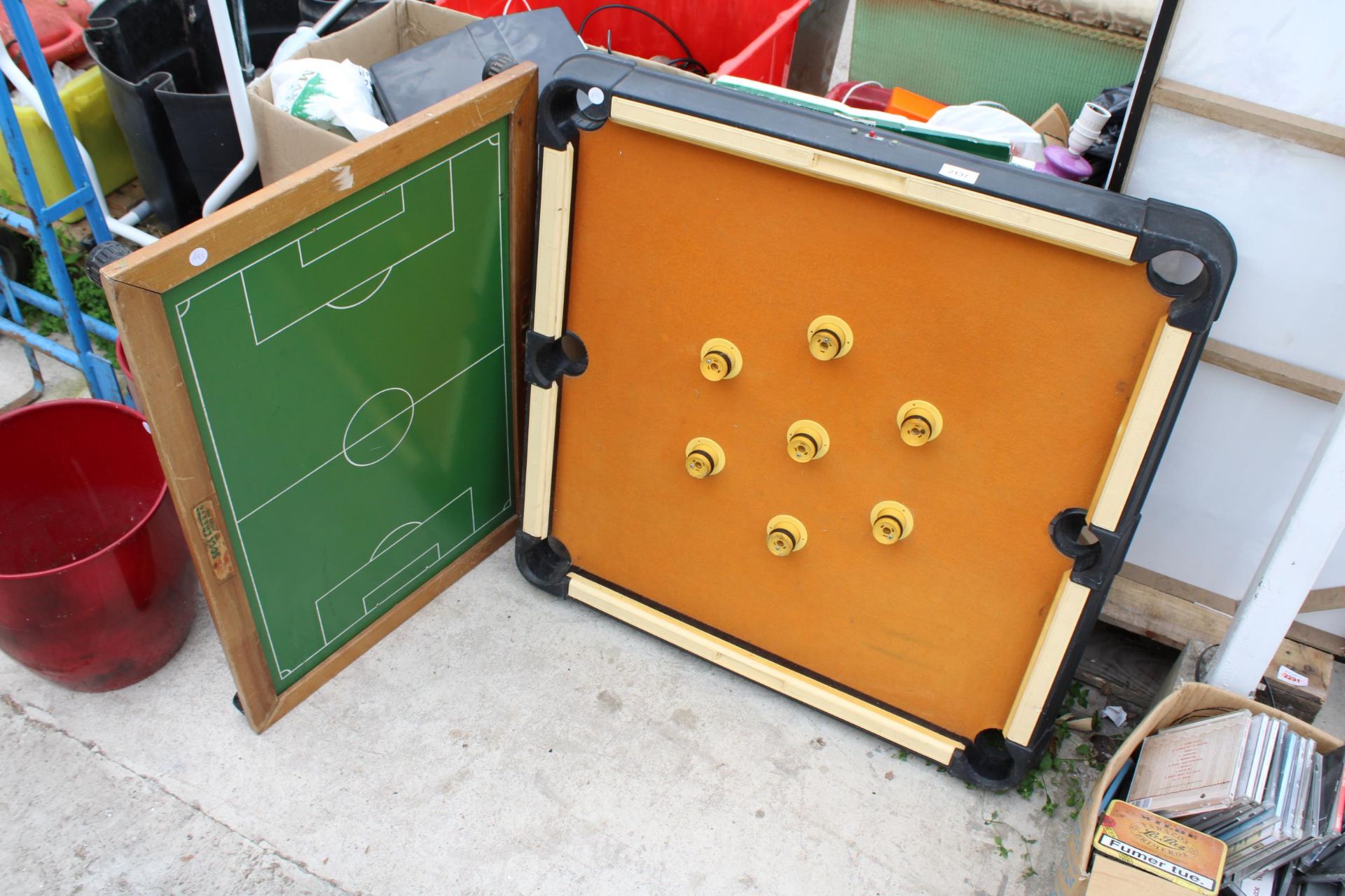 A VINTAGE BILLIARDS GAME AND A WOODEN FOOTBALL TABLE
