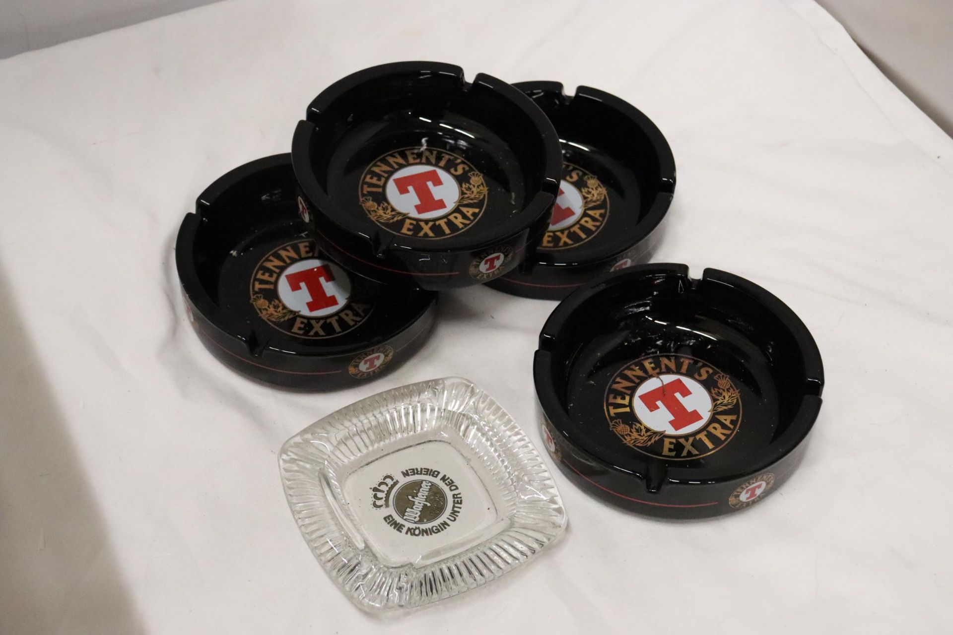 FIVE GLASS PUN ASHTRAYS TO INCLUDE TENNENTS EXTRA - Image 5 of 6