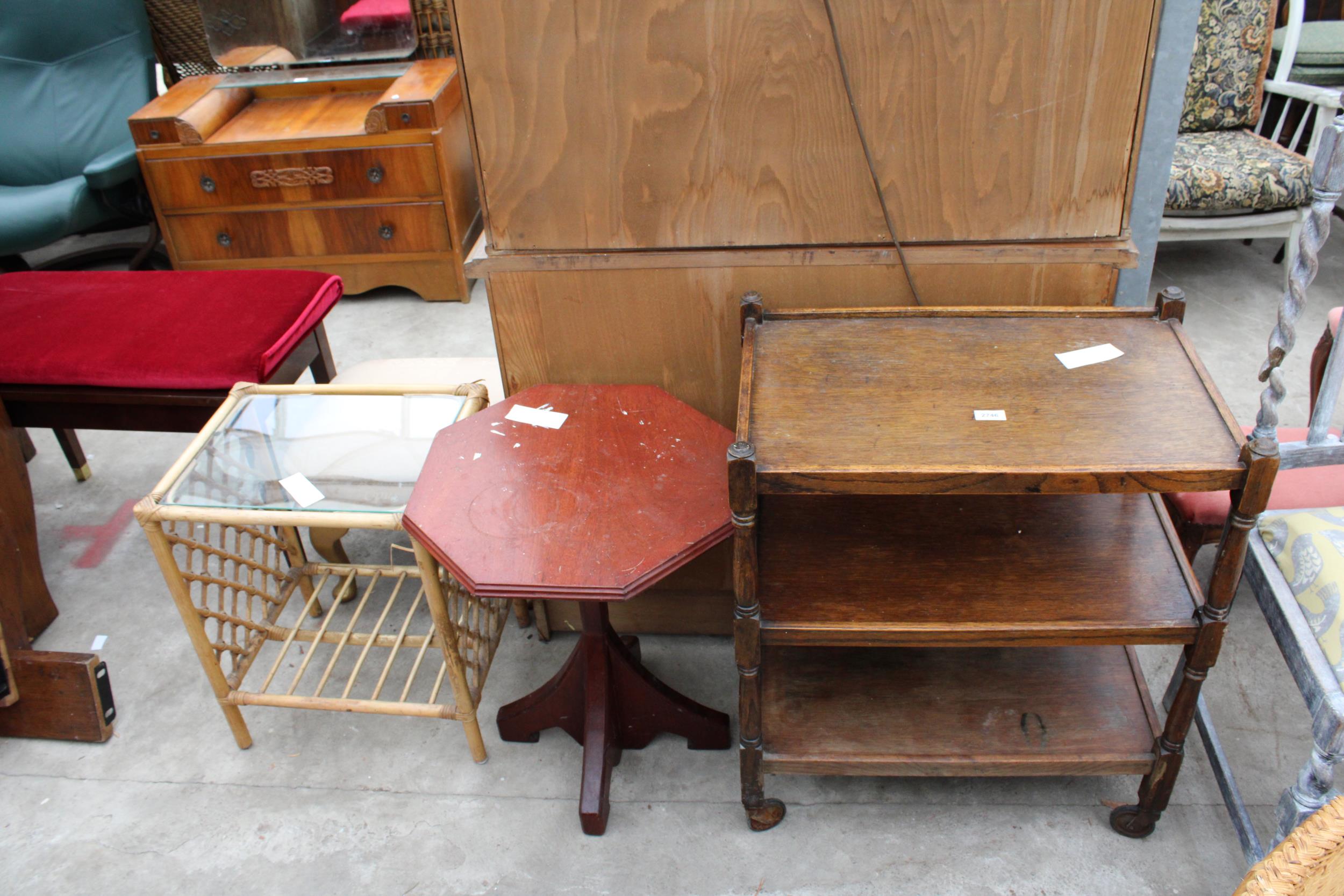 AN OAK THREE TIER TROLLEY, MODERN WINE TABLE AND A BAMBOO LAMP TABLE