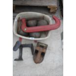 AN ASSORTMENT OF ITEMS TO INCLUDE A G CLAMP, A COBBLERS LAST AND A STAMP ETC