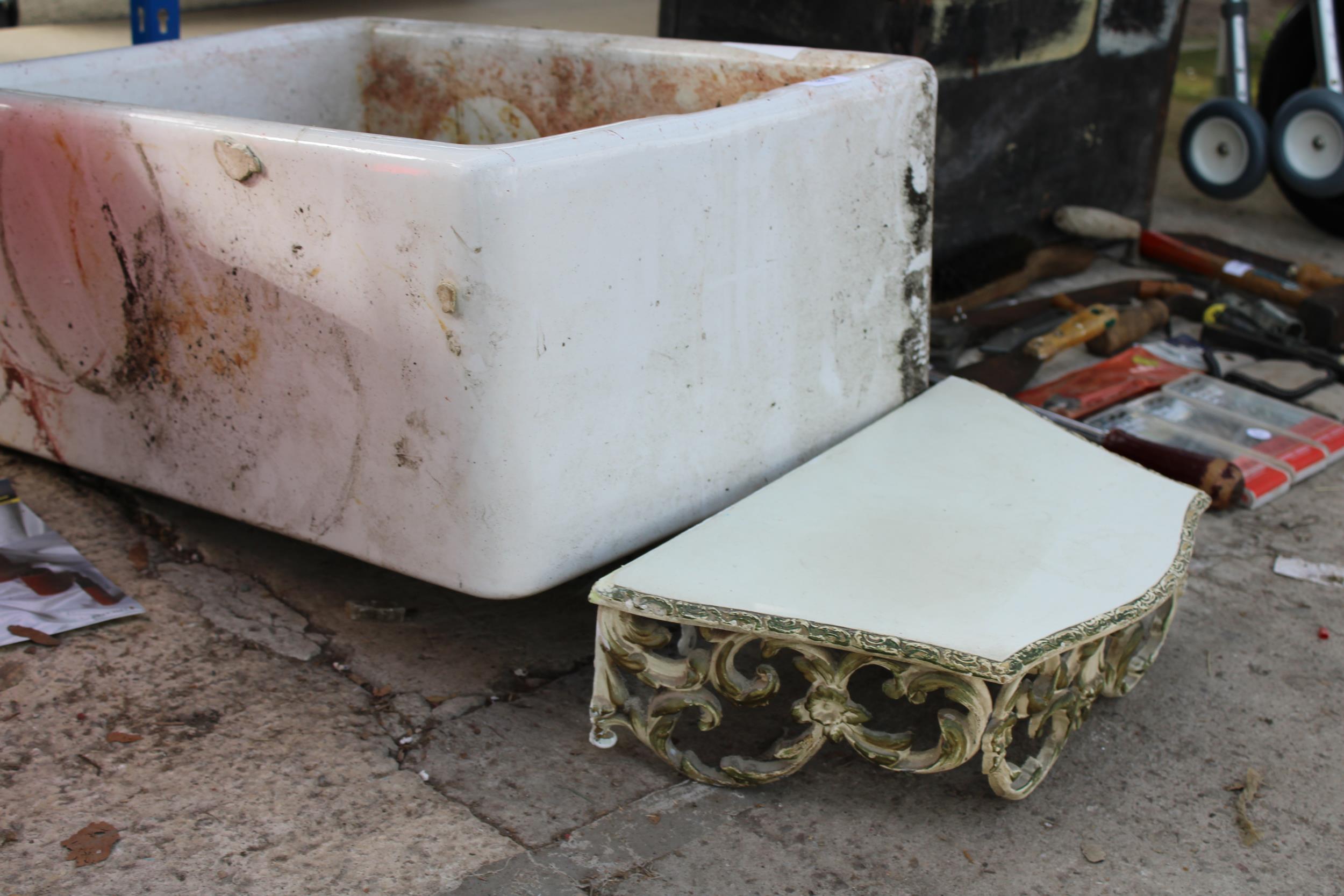 A WHITE BELFAST SINK AND A DECORATIVE WOODEN WALL SHELF - Image 2 of 3