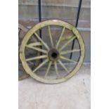 A VINTAGE WOODEN AND METAL BANDED CART WHEEL (D:120CM)