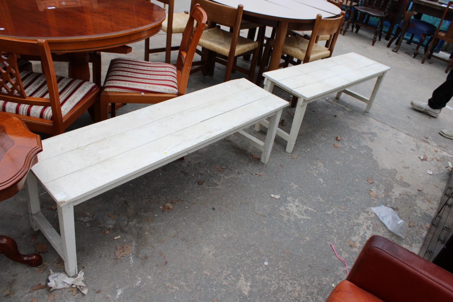 A PAIR OF WHITE PAINTED BENCH/TABLES 56" X 15" AND 52" X 15" - Image 2 of 2